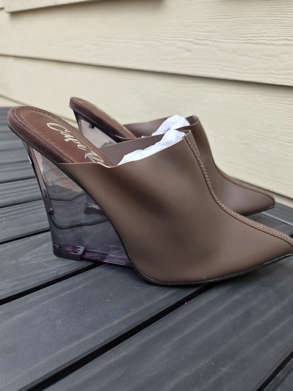 Cape Robbin Brown Clear Wedge Mule Heels